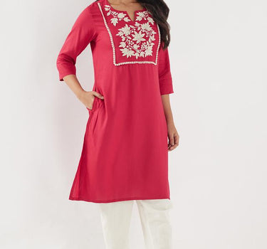 Embroidered Blended Fabric Regular Fit Women's Long Kurta