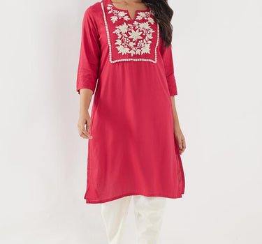 Embroidered Blended Fabric Regular Fit Women's Long Kurta