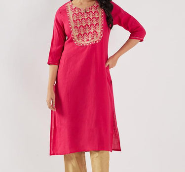 Embroidered Blended Fabric Round Neck Women's Festive Wear Kurta