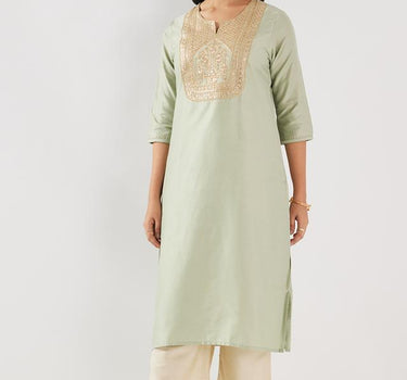 Embroidered Blended Fabric Round Neck Women's Festive Wear Kurta