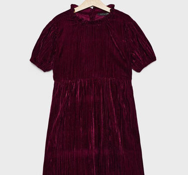 Solid Velvet Round Neck Girls Casual Wear Dress