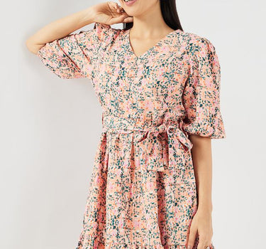 Printed Polyester V-Neck Women's Dress