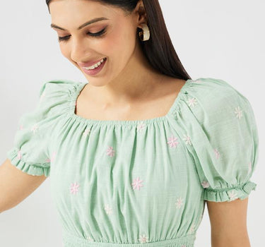 Embroidered Round Neck Cotton Women's Dress