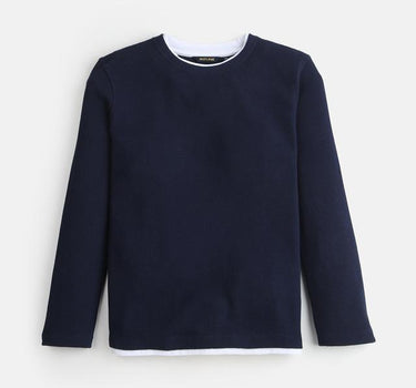 Textured Cotton Full Sleeves Boys T-Shirt - Navy