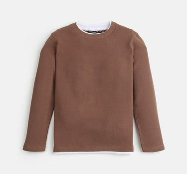 Textured Cotton Full Sleeves Boys T-Shirt - Coffee