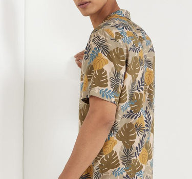 Maroon Tropical Leaf Viscose Digital Printed Half Sleeves Holiday Shirt