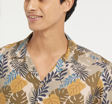 Maroon Tropical Leaf Viscose Digital Printed Half Sleeves Holiday Shirt