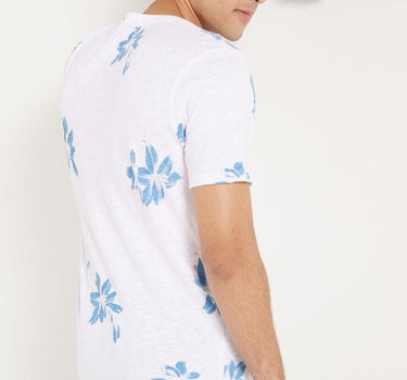 Blue Flowers Beach Print Crew Neck Cotton T-Shirt
