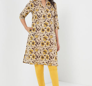 Printed Linen Collared Women's Kurta