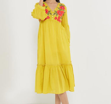 Embellished Linen V-Neck Women's Ethnic Dress