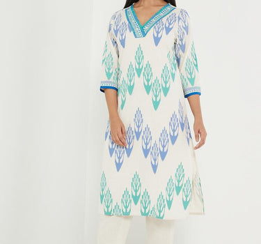 Printed Blended V-Neck Women's Kurta