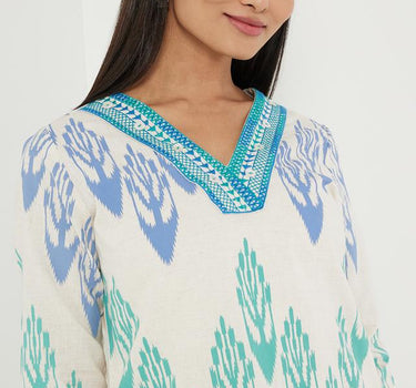 Printed Blended V-Neck Women's Kurta