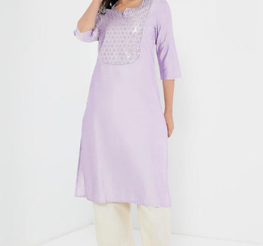 Embellished Blended Round Neck Women's Kurta