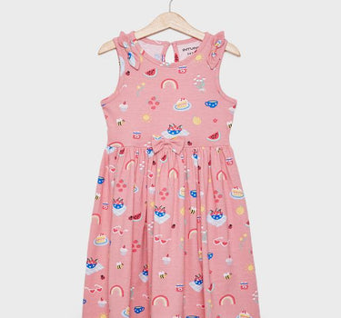 Printed Cotton Round Neck Girls Casual Wear Dress