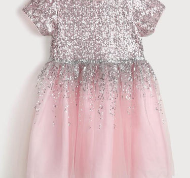 Sequinned Polyester Round Neck Girls Festive Wear Dress