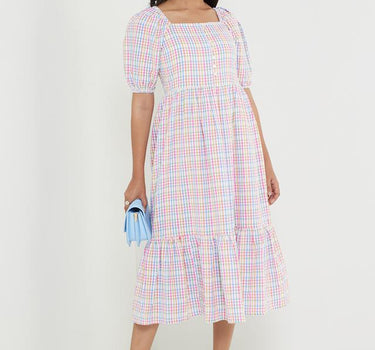 Checks Square Neck Cotton Women's Calf Length Dress