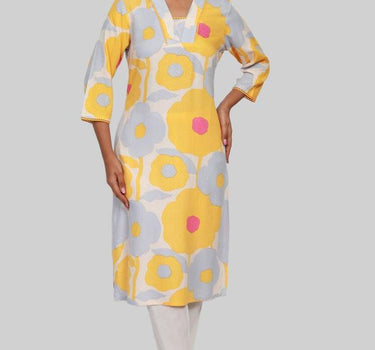 Printed Rayon Y-Neck Women's Casual Wear Kurta